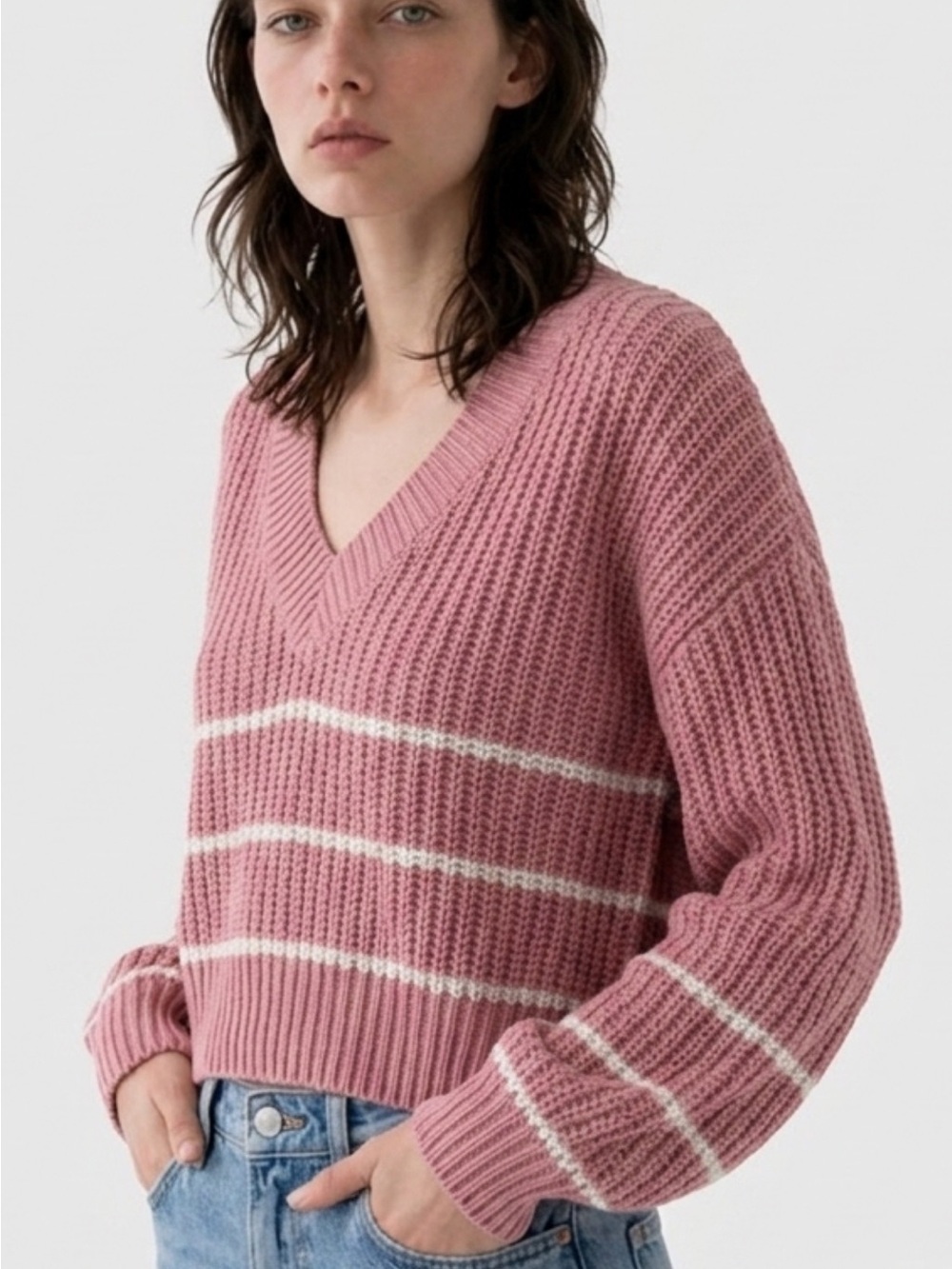 Altar'd State Pink V-Neck Cropped Stripe Sweater